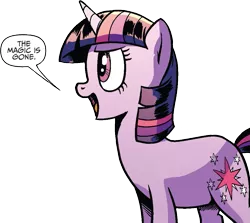Size: 1019x910 | Tagged: safe, artist:pencils, derpibooru import, edit, edited edit, idw, twilight sparkle, pony, unicorn, spoiler:comic, spoiler:comic69, background removed, female, mare, meme, official comic, reaction image, simple background, solo, speech bubble, the magic is gone, transparent background, unicorn twilight, wingless, wingless edit