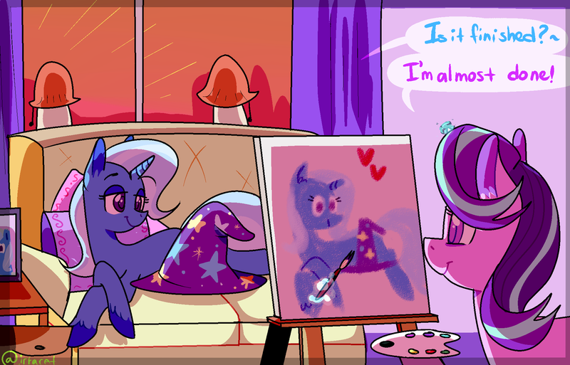 Size: 1280x821 | Tagged: safe, artist:1racat, derpibooru import, starlight glimmer, trixie, pony, unicorn, canvas, clothes, couch, dialogue, draw me like one of your french girls, female, hat, lesbian, lying down, painting, shipping, smiling, startrix, trixie's hat