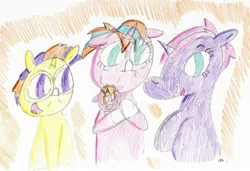 Size: 2315x1588 | Tagged: safe, artist:ptitemouette, derpibooru import, oc, oc:firework, oc:harry trotter, oc:summer solstice, oc:sunny jewel, pony, baby, baby pony, brother and sister, female, magical lesbian spawn, male, mother and son, offspring, parent:oc:saphire ring, parent:oc:sunny jewel, parent:starlight glimmer, parent:sunburst, parent:tempest shadow, parent:twilight sparkle, parents:starburst, parents:tempestlight, uncle and nephew