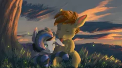 Size: 1920x1080 | Tagged: artist:eqlipse, commission, cuddling, cute, derpibooru import, ear piercing, earring, jewelry, krita, nightloop, oc, oc:nightglider, oc:vicious loop, painting, piercing, romantic, safe, sunset, wallpaper