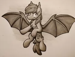 Size: 2000x1510 | Tagged: safe, artist:moemneop, derpibooru import, oc, oc:lukida, bat pony, pony, female, mare, monochrome, solo, traditional art