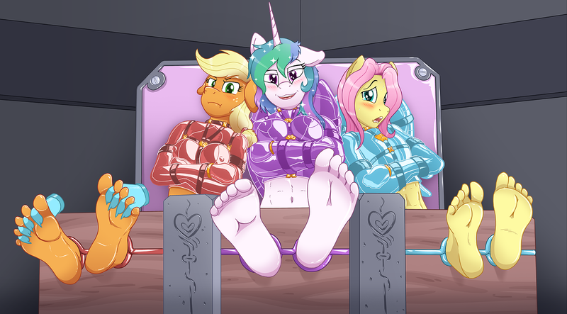 Size: 1604x888 | Tagged: questionable, artist:caroo, derpibooru import, applejack, fluttershy, princess celestia, anthro, plantigrade anthro, applejack is not amused, belly button, blushing, bondage, bound wings, breasts, butterscotch, colored, erect nipples, feet, fetish, floppy ears, foot fetish, gift art, harness, heart eyes, imminent tickles, latex, male, male feet, nipple outline, rule 63, sketch, soles, stocks, straitjacket, tack, unamused, wingding eyes, wing sleeves