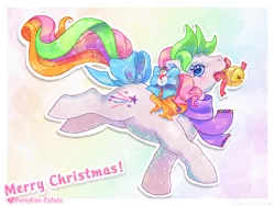 Size: 1088x820 | Tagged: safe, artist:conphettey, derpibooru import, oc, oc:baby glitter wishes, oc:glitter wishes, earth pony, pony, abstract background, bell, bootleg, bow, christmas, clothes, color porn, g1, hair bow, hair ornament, holiday, hqg1c, merry christmas, scarf, simple background, solo, tail bow
