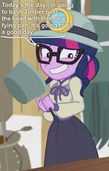 Size: 443x696 | Tagged: semi-grimdark, derpibooru import, edit, edited screencap, editor:grapefruitface, screencap, sci-twi, twilight sparkle, equestria girls, equestria girls series, opening night, abuse, clothes, costume, frying pan, implied murder, psycho twilight, psychopath, solo, timberbuse, violence