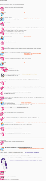 Size: 855x3353 | Tagged: artist:dziadek1990, biscuits, conversation, derpibooru import, dialogue, emotes, emote story, emote story:cookies, food, fourth wall, link in description, meta, misspelling, pinkie pie, polish, rainbow dash, rarity, reddit, safe, slice of life, subtitles, tea, text, translation, zecora