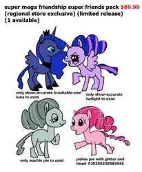 Size: 540x656 | Tagged: safe, artist:conphettey, derpibooru import, marble pie, pinkie pie, princess luna, twilight sparkle, twilight sparkle (alicorn), alicorn, earth pony, pony, limited edition, merchandise, simple background, stylistic suck, the struggle is real, white background, why