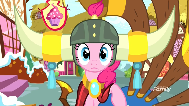 Size: 1920x1080 | Tagged: safe, derpibooru import, screencap, pinkie pie, earth pony, pony, yakity-sax, cloak, clothes, discovery family logo, female, frown, helmet, honorary yak horns, horned helmet, jewelry, looking at you, mare, necklace, ponyville, sad, staring into your soul, sugarcube corner, viking helmet, wide eyes, yovidaphone