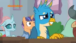 Size: 1918x1078 | Tagged: safe, derpibooru import, screencap, fine catch, gallus, ocellus, yona, changedling, changeling, gryphon, pony, a rockhoof and a hard place, background pony, female, friendship student, grin, male, nervous, nervous grin, nickelodeon, smiling