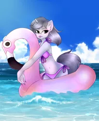 Size: 1800x2200 | Tagged: anthro, artist:sakuro24, bikini, breasts, clothes, derpibooru import, flamingo, floaty, inflatable, inflatable toy, nail polish, oc, oc:hyperion, pool toy, suggestive, swimsuit, ych result