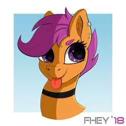 Size: 800x800 | Tagged: safe, artist:chrisfhey, derpibooru import, scootaloo, pegasus, pony, :p, choker, ear fluff, ear piercing, earring, female, jewelry, mare, piercing, purple eyes, purple mane, signature, silly, simple background, solo, tongue out