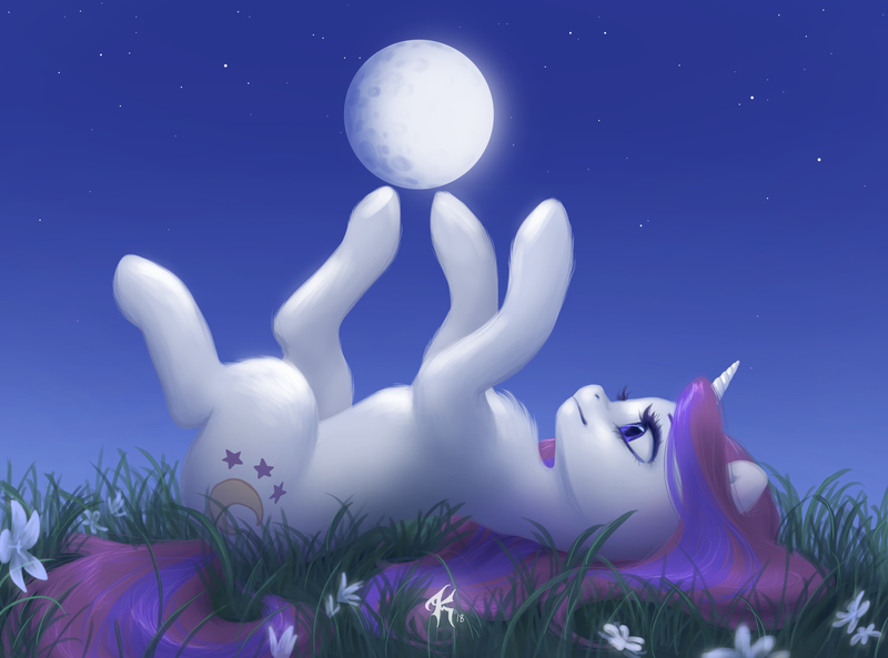 Size: 3173x2353 | Tagged: safe, artist:katputze, derpibooru import, moondancer, pony, unicorn, beautiful, chest fluff, cutie mark, female, flower, full moon, grass, grass field, horn, looking at something, looking up, mare, moon, night, night sky, on back, outdoors, profile, sky, smiling, solo, stars