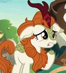 Size: 662x738 | Tagged: autumn blaze, cloven hooves, cropped, derpibooru import, floppy ears, kirin, lip bite, safe, screencap, solo, sounds of silence, worried