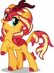 Size: 5000x6675 | Tagged: safe, artist:orin331, derpibooru import, sunset shimmer, kirin, season 8, sounds of silence, absurd resolution, cloven hooves, colored hooves, cute, kirinified, open mouth, quadrupedal, raised hoof, simple background, solo, species swap, transparent background