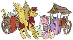 Size: 1533x855 | Tagged: source needed, safe, artist:egophiliac, derpibooru import, oc, oc:oasis shade, oc:sirocco breeze, unofficial characters only, pegasus, pony, unicorn, ankh, belt buckle, cart, clothes, egyptian, egyptian pony, female, hairband, headband, jewelry, male, mare, merchant, negotiating, robe, scarab, scarf, simple background, size difference, stallion, transparent background, wagon
