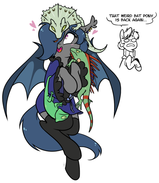 Size: 1034x1190 | Tagged: safe, artist:egophiliac, derpibooru import, oc, oc:ink sigil, oc:river rhythm, unofficial characters only, bat pony, chameleon, frill-necked lizard, gecko, iguana, lizard, pony, reptile, clothes, cute, dialogue, female, happy, heart, kimono (clothing), mare, silly, silly pony, simple background, socks, solo, thigh highs, transparent background, weird