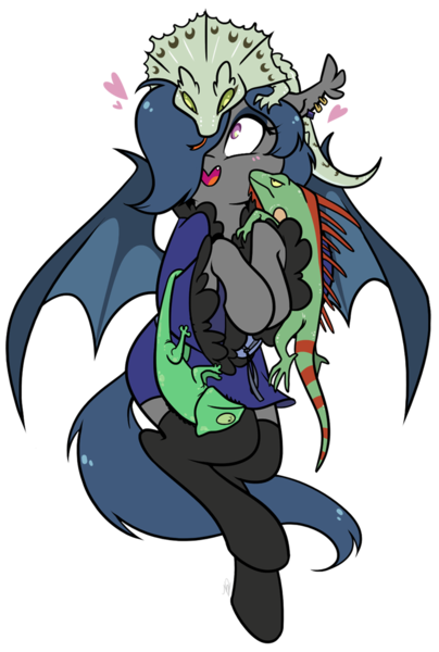 Size: 798x1186 | Tagged: safe, artist:egophiliac, derpibooru import, oc, oc:river rhythm, unofficial characters only, bat pony, chameleon, frill-necked lizard, gecko, iguana, lizard, pony, reptile, clothes, cute, female, happy, heart, kimono (clothing), mare, silly, silly pony, simple background, socks, solo, thigh highs, transparent background, weird