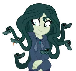 Size: 1600x1500 | Tagged: safe, artist:wubcakeva, derpibooru import, oc, oc:medusa, gorgon, medusa, monster girl, snake, equestria girls, clothes, cute, equestria girls-ified, female, hoodie, simple background, smiling, solo, tongue out, transparent background