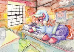 Size: 2792x1962 | Tagged: safe, artist:mandumustbasukanemen, derpibooru import, big macintosh, smarty pants, earth pony, pony, atg 2018, bed, clothes, male, newbie artist training grounds, pajamas, pants, solo, stallion, tired, traditional art, watercolor painting, window