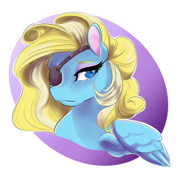 Size: 2880x2880 | Tagged: safe, artist:firimil, derpibooru import, oc, oc:lunar skysong, unofficial characters only, pegasus, pony, fanfic:unity timeline, blonde, bust, commission, digital art, eyepatch, eyeshadow, female, high res, looking at you, makeup, mare, mascara, simple background, transparent background, yellow hair, yellow mane