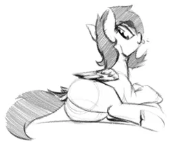 Size: 373x316 | Tagged: dead source, safe, artist:graboiidz, derpibooru import, oc, oc:charcoal, unofficial characters only, pegasus, pony, :p, black and white, explicit source, female, grayscale, image, monochrome, plot, png, prone, rear view, silly, simple background, sketch, solo, tongue out, underhoof, white background, wings