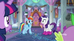 Size: 1920x1080 | Tagged: safe, derpibooru import, screencap, rainbow dash, rarity, spike, twilight sparkle, twilight sparkle (alicorn), alicorn, dragon, pegasus, pony, unicorn, the end in friend, azurantium, boots, duo focus, female, glitter boots, mare, shoes, sparkles, winged spike