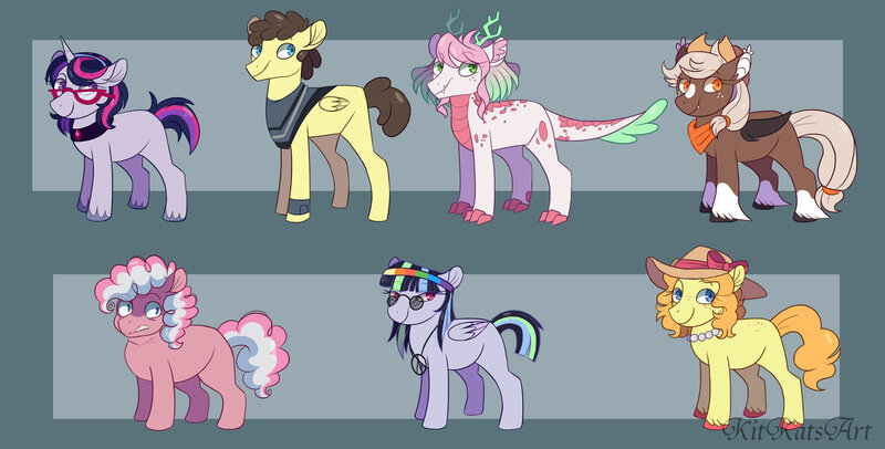 Size: 1280x650 | Tagged: safe, artist:kitkatsart, derpibooru import, oc, oc:annabelle, oc:aura sparkle, oc:fire ruby, oc:honeycrisp, oc:pastel palette, oc:sugar cookie, oc:thunderstorm, unofficial characters only, bat pony, dracony, earth pony, hybrid, pegasus, pony, unicorn, adopted offspring, bat pony oc, blank flank, choker, clothes, cowboy hat, female, freckles, glasses, hat, headband, interspecies offspring, jewelry, male, mare, neckerchief, necklace, next generation, offspring, parent:applejack, parent:big macintosh, parent:cheese sandwich, parent:flash sentry, parent:fluttershy, parent:pinkie pie, parent:pokey pierce, parent:rainbow dash, parent:rarity, parent:soarin', parent:spike, parent:sweetie belle, parent:twilight sparkle, parents:flashlight, parents:fluttersandwich, parents:pokeypie, parents:rarimac, parents:soarindash, parents:spikebelle, peace symbol, pearl necklace, poncho, stallion, stetson, sun hat, unshorn fetlocks