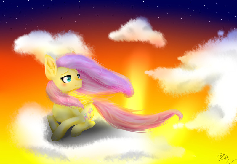 Size: 1280x884 | Tagged: safe, artist:maikathewolf, derpibooru import, fluttershy, pegasus, pony, blushing, cloud, female, mare, signature, sky, smiling, solo