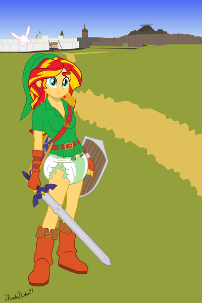 Size: 2000x3000 | Tagged: suggestive, artist:thunderdasher07, derpibooru import, sunset shimmer, equestria girls, boots, breasts, castle, crossover, death mountain, diaper, diaper fetish, fetish, field, hyrule field, implied pinkie pie, link, master sword, navi, road, shield, shoes, sword, the legend of zelda, the legend of zelda: ocarina of time, tunic, volcano, weapon