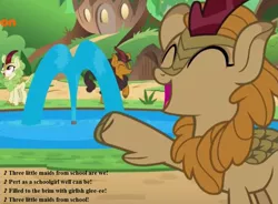 Size: 931x686 | Tagged: background kirin, cropped, derpibooru import, edit, edited screencap, fern flare, fountain, gilbert and sullivan, kirin, lyrics, pumpkin smoke, raised hoof, safe, screencap, singing, song reference, sounds of silence, spring glow, text, the mikado