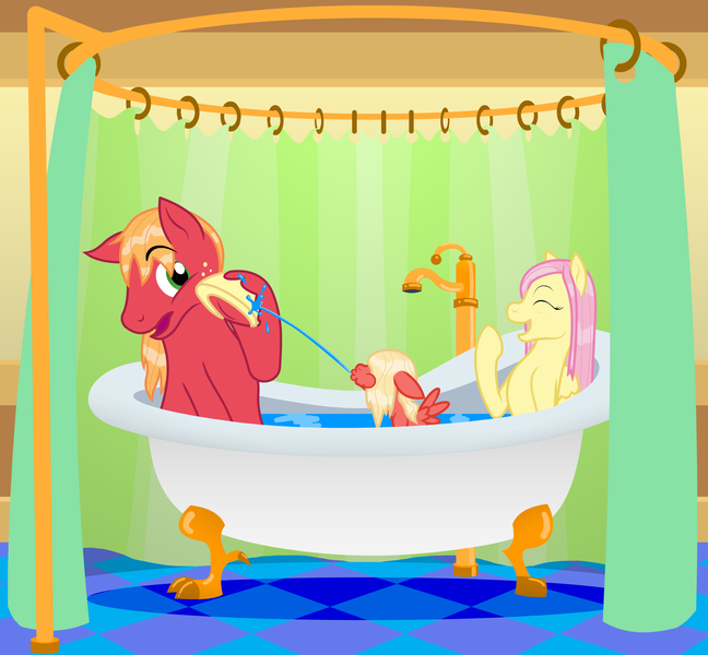 Size: 2982x2760 | Tagged: safe, artist:zoness, derpibooru import, big macintosh, fluttershy, oc, oc:cellini, pegasus, pony, bath, bathtub, claw foot bathtub, family, female, filly, floppy ears, fluttermac, laughing, male, offspring, parent:big macintosh, parent:fluttershy, parents:fluttermac, puffy cheeks, shipping, shower curtain, spitting, straight, wet mane