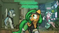 Size: 1280x720 | Tagged: safe, artist:captainhoers, derpibooru import, oc, oc:atom smasher, oc:candy chip, oc:throttle track, unofficial characters only, cyborg, earth pony, pegasus, pony, unicorn, the sunjackers, canterlot, cyberpunk, female, male, mare, new canterlot, stallion