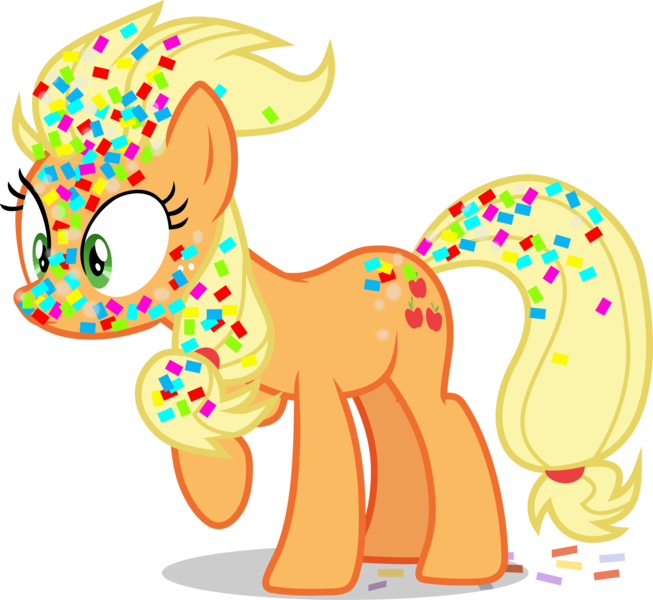 Size: 2386x2194 | Tagged: safe, artist:frownfactory, derpibooru import, applejack, earth pony, pony, yakity-sax, .svg available, alternate hairstyle, confetti, cutie mark, female, mare, simple background, solo, surprised, svg, transparent background, vector