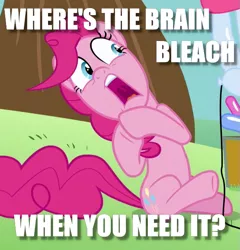 Size: 555x579 | Tagged: brain bleach, cropped, derpibooru import, do not want, edit, edited screencap, image macro, meme, pinkie pie, question, reaction image, safe, scarred for life, screencap, shocked, solo, the one where pinkie pie knows