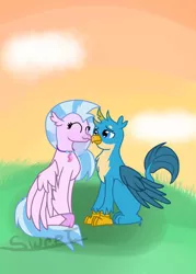 Size: 1000x1400 | Tagged: safe, artist:sweetcream1, derpibooru import, gallus, silverstream, classical hippogriff, gryphon, hippogriff, beakboop, boop, cloud, cute, diastreamies, duo, female, gallabetes, gallstream, male, noseboop, shipping, straight, sunrise