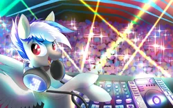 Size: 3200x2000 | Tagged: safe, artist:ask-colorsound, derpibooru import, oc, oc:bassy, unofficial characters only, pegasus, pony, bust, crowd, disk jockey, headphones, looking at you, male, mixing console, music, open mouth, smiling, solo, spread wings, stallion, wings