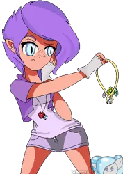 Size: 337x475 | Tagged: artist:equestriagurl77, clothes, cute, denim skirt, derpibooru import, elf ears, fingerless gloves, fire ruby, freckles, gem, gloves, human, humanized, humanized oc, hybrid, interspecies offspring, jewelry, kilalaverse, miniskirt, oc, ocbetes, oc:crystal clarity, offspring, parent:rarity, parent:spike, parents:sparity, ruby, safe, simple background, skirt, transparent background