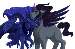 Size: 1280x841 | Tagged: safe, artist:seabreezy, artist:seabreezy-mlp, derpibooru import, king sombra, princess luna, alicorn, pony, unicorn, blank flank, curved horn, female, floppy ears, fluffy, glare, leg fluff, lidded eyes, looking at you, lumbra, male, mare, missing accessory, nightmare luna, open mouth, raised hoof, sharp teeth, shipping, shoulder fluff, simple background, smiling, snarling, spread wings, stallion, story in the source, straight, teeth, white background, wing fluff, wings