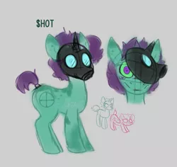 Size: 665x628 | Tagged: safe, artist:yojohcookie, derpibooru import, oc, ponified, unofficial characters only, pony, undead, unicorn, zombie, zombie pony, character, digital art, gray background, green, green eyes, head, looking at you, male, mask, multiple eyes, original character do not steal, purple, radioactive, reference sheet, simple background, sketch, solo, tail wrap