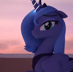 Size: 2000x1965 | Tagged: safe, artist:jankiefx, derpibooru import, princess luna, alicorn, pony, 3d, beach, bedroom eyes, cinema4d, cloud, female, looking at you, mare, s1 luna, sand, smiling, solo, water