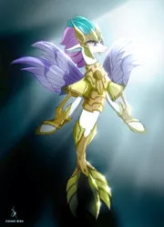 Size: 1220x1693 | Tagged: armor, artist:zidanemina, caballeros del zodiaco, colored, derpibooru import, knights of the zodiac, mermaid, my little pony: the movie, poseidon, queen novo, safe, saint seiya, scale, seapony (g4), solo