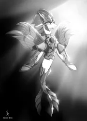 Size: 1220x1693 | Tagged: armor, artist:zidanemina, caballeros del zodiaco, derpibooru import, grayscale, knights of the zodiac, mermaid, monochrome, my little pony: the movie, poseidon, queen novo, safe, saint seiya, scale, seapony (g4), solo