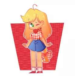 Size: 1973x2000 | Tagged: safe, artist:rerebaka_gl, derpibooru import, applejack, equestria girls, beautiful, blonde, clothes, cute, female, hatless, jackabetes, missing accessory, one eye closed, scarf, shirt, shorts, solo, wink