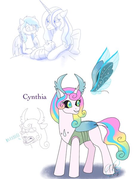 Size: 1280x1707 | Tagged: artist:fallenangel5414, bio in description, changedling, changedling oc, changeling, changeling oc, changepony, derpibooru import, dialogue, female, filly, hybrid, interspecies offspring, mare, oc, oc:princess cynthia, offspring, parent:princess flurry heart, parents:flurrax, parent:thorax, safe, signature, simple background, solo, white background