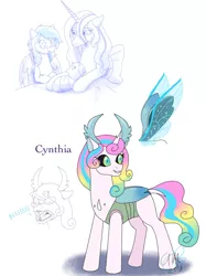 Size: 1280x1707 | Tagged: artist:fallenangel5414, bio in description, changedling, changedling oc, changeling, changeling oc, changepony, derpibooru import, dialogue, female, filly, hybrid, interspecies offspring, mare, oc, oc:princess cynthia, offspring, parent:princess flurry heart, parents:flurrax, parent:thorax, safe, signature, simple background, solo, white background