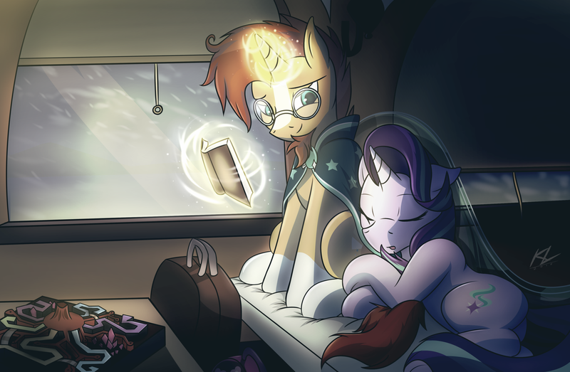 Size: 3301x2160 | Tagged: safe, artist:draftthefilmmaker-kl, derpibooru import, starlight glimmer, sunburst, uncommon bond, board game, book, dragon pit, eyes closed, female, lidded eyes, magic, male, shipping, sleeping, starburst, straight, telekinesis