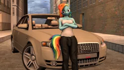 Size: 1280x720 | Tagged: 3d, anthro, artist:russtydashsfm, audi, audi a4, breasts, car, clipping, clothes, crotch bulge, dead source, derpibooru import, futa, futa rainbow dash, grin, looking at you, pants, rainbow dash, shirt, smiling, solo, solo futa, source filmmaker, suggestive