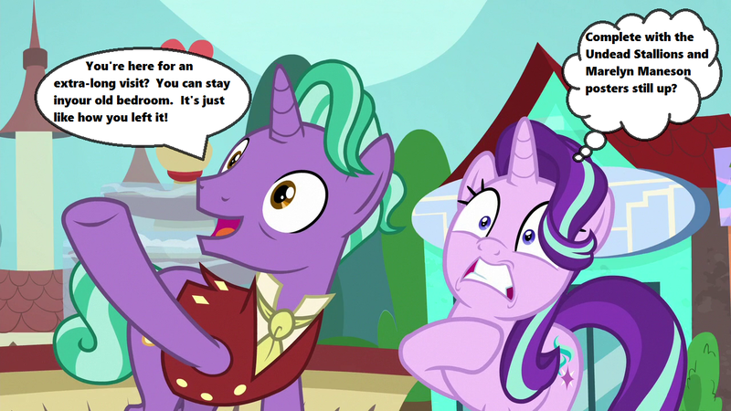 Size: 1280x720 | Tagged: safe, derpibooru import, edit, edited screencap, screencap, firelight, starlight glimmer, pony, unicorn, season 8, the parent map, band, embarrassed, necktie, oh crap, oh crap face, open mouth, quote, sire's hollow, speech bubble, text, thought bubble