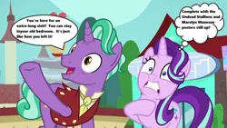 Size: 1280x720 | Tagged: safe, derpibooru import, edit, edited screencap, screencap, firelight, starlight glimmer, pony, unicorn, season 8, the parent map, band, embarrassed, necktie, oh crap, oh crap face, open mouth, quote, sire's hollow, speech bubble, text, thought bubble