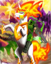 Size: 941x1168 | Tagged: abstract background, alicorn, armor, artist:failure, black sclera, colored, daybreaker, derpibooru import, doom, doomguy, female, gun, helmet, human, humans riding ponies, male, mane of fire, mare, rearing, riding, safe, shotgun, signature, weapon