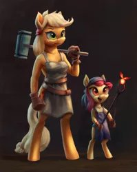 Size: 1276x1600 | Tagged: safe, artist:jotun22, derpibooru import, apple bloom, applejack, anthro, earth pony, unguligrade anthro, apron, blacksmith, brown background, clothes, duo, female, gloves, hammer, image, jpeg, siblings, simple background, sisters, tongs